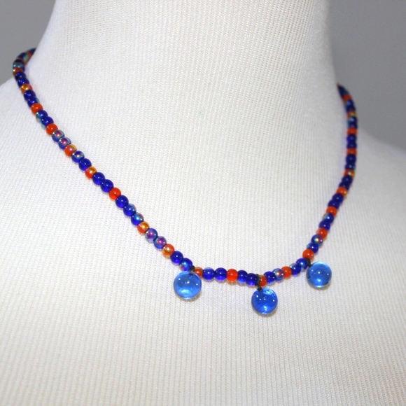 Handmade Women's Blue Orange Beaded Necklace Handcrafted - Picture 3 of 10